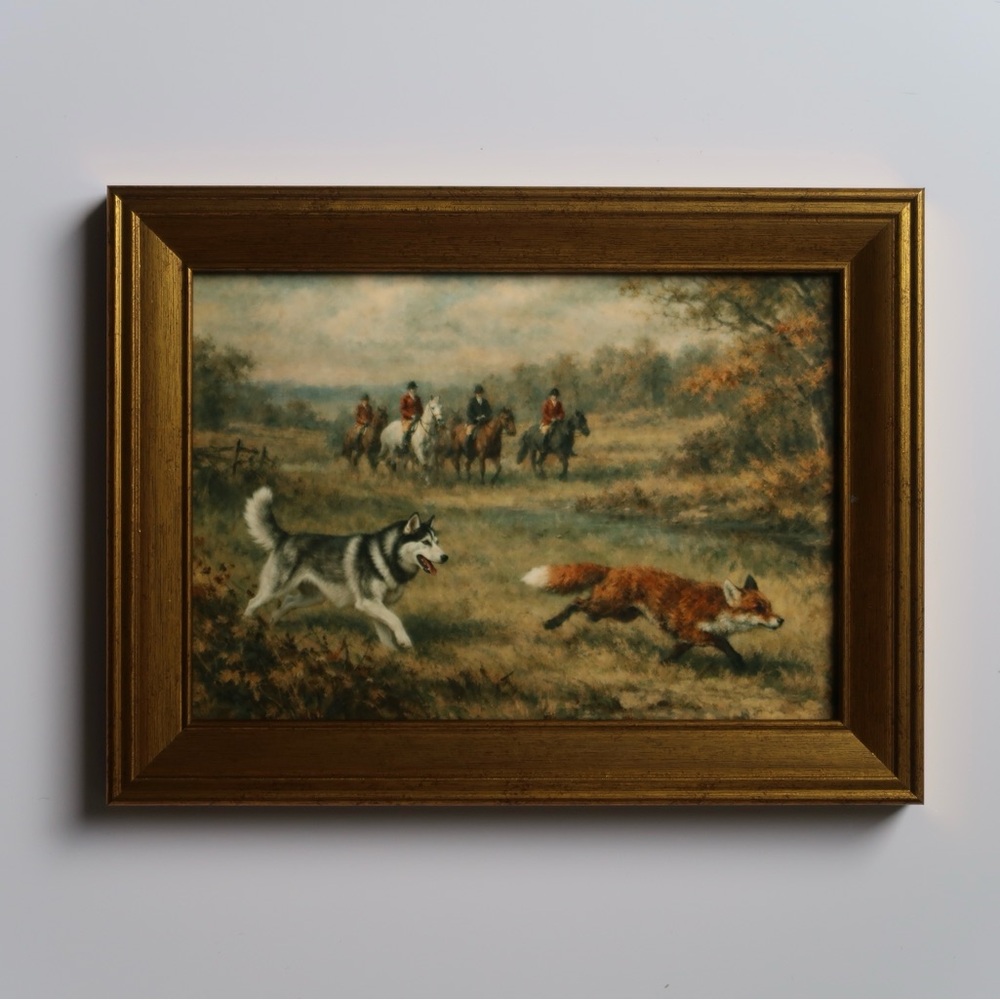 Vintage inspired Hunting Scene Framed Art print in Gold Frame 5x7 siberian husky